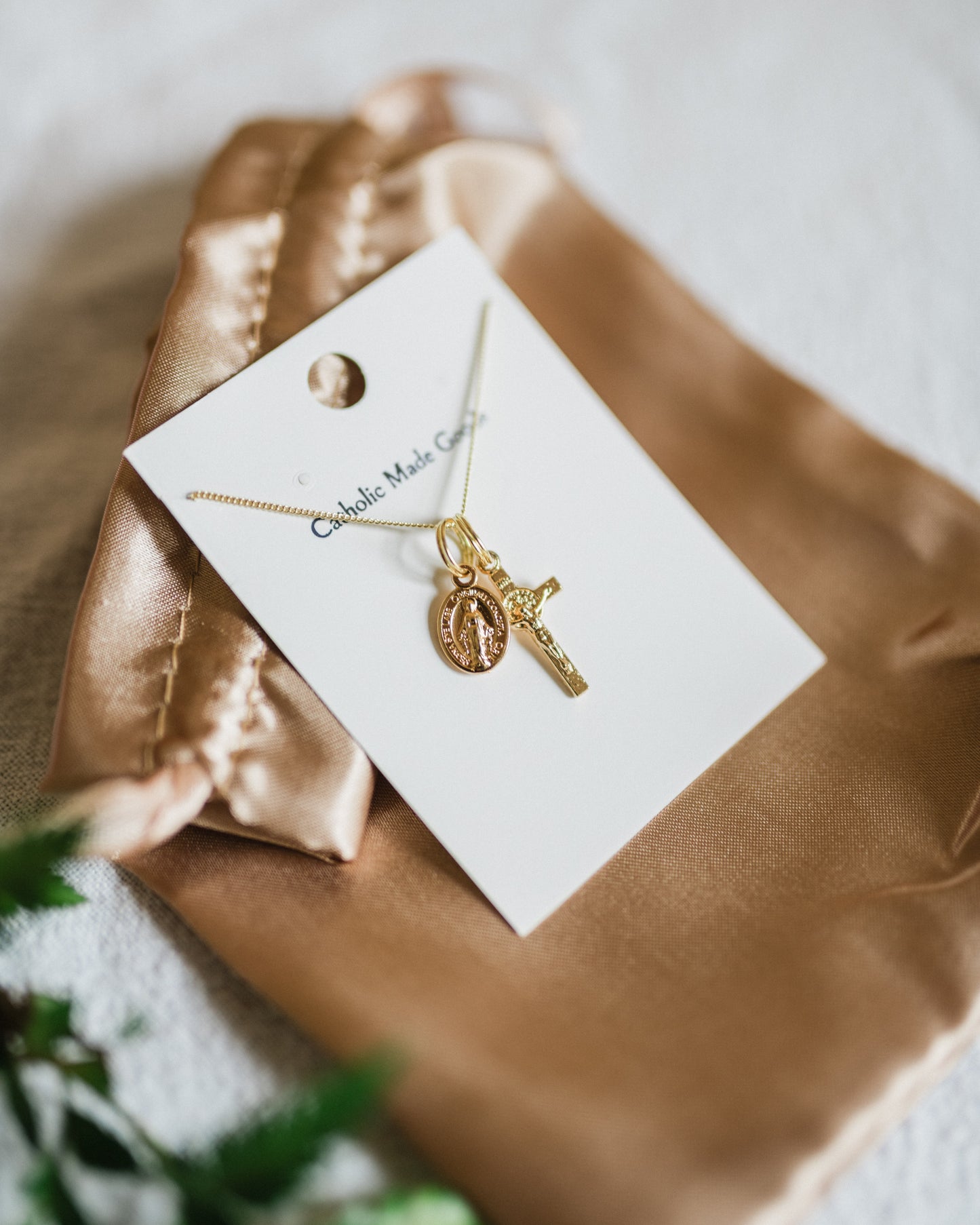 Mini Crucifix & Miraculous Medal Necklace (Gilt)