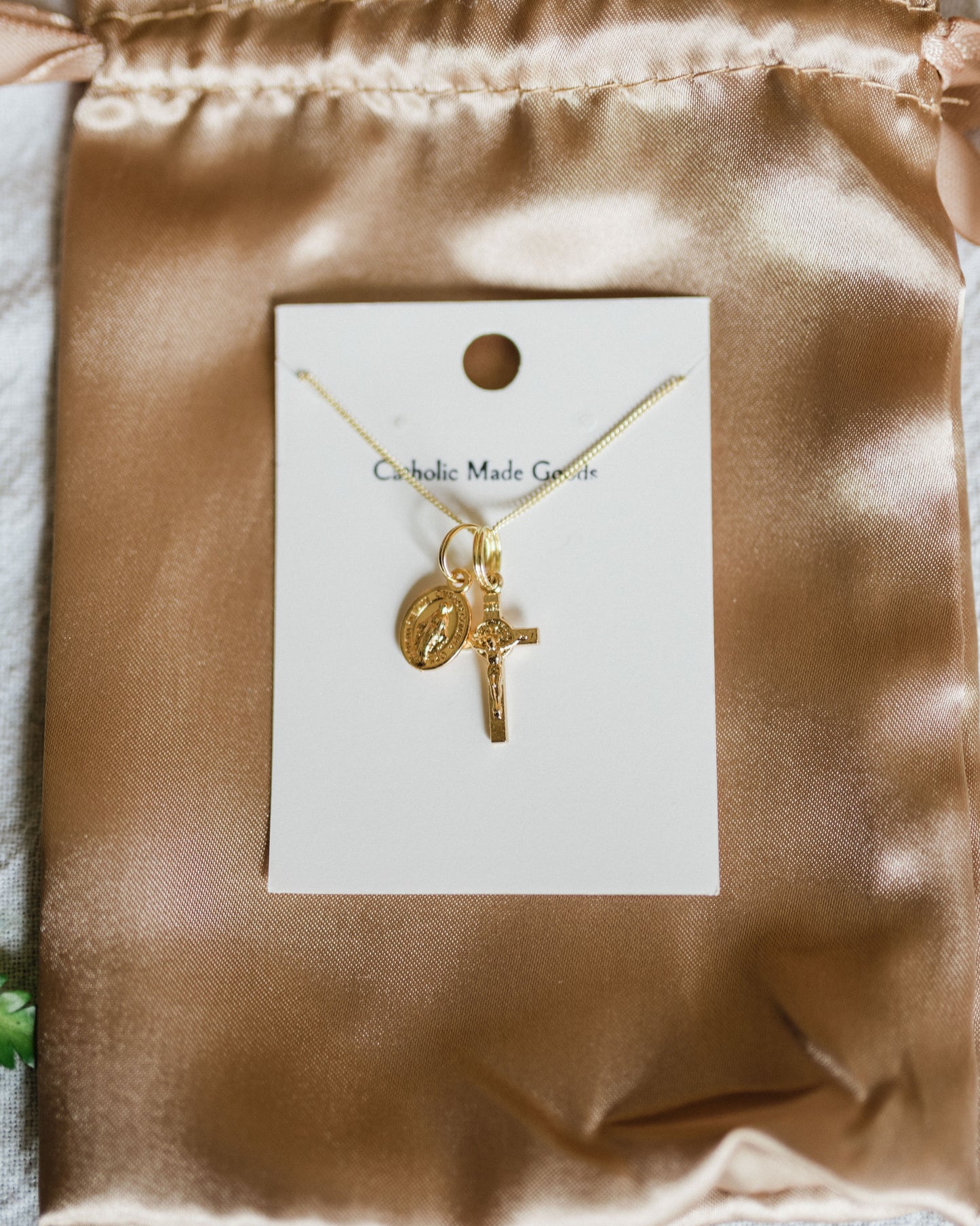 Mini Crucifix & Miraculous Medal Necklace (Gilt)