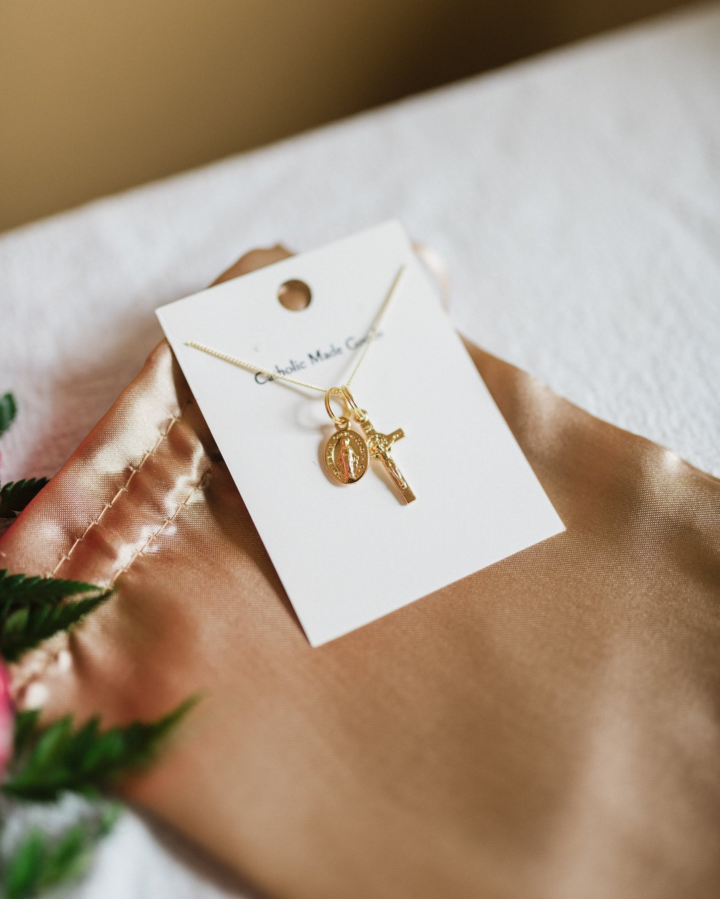 Mini Crucifix & Miraculous Medal Necklace (Gilt)