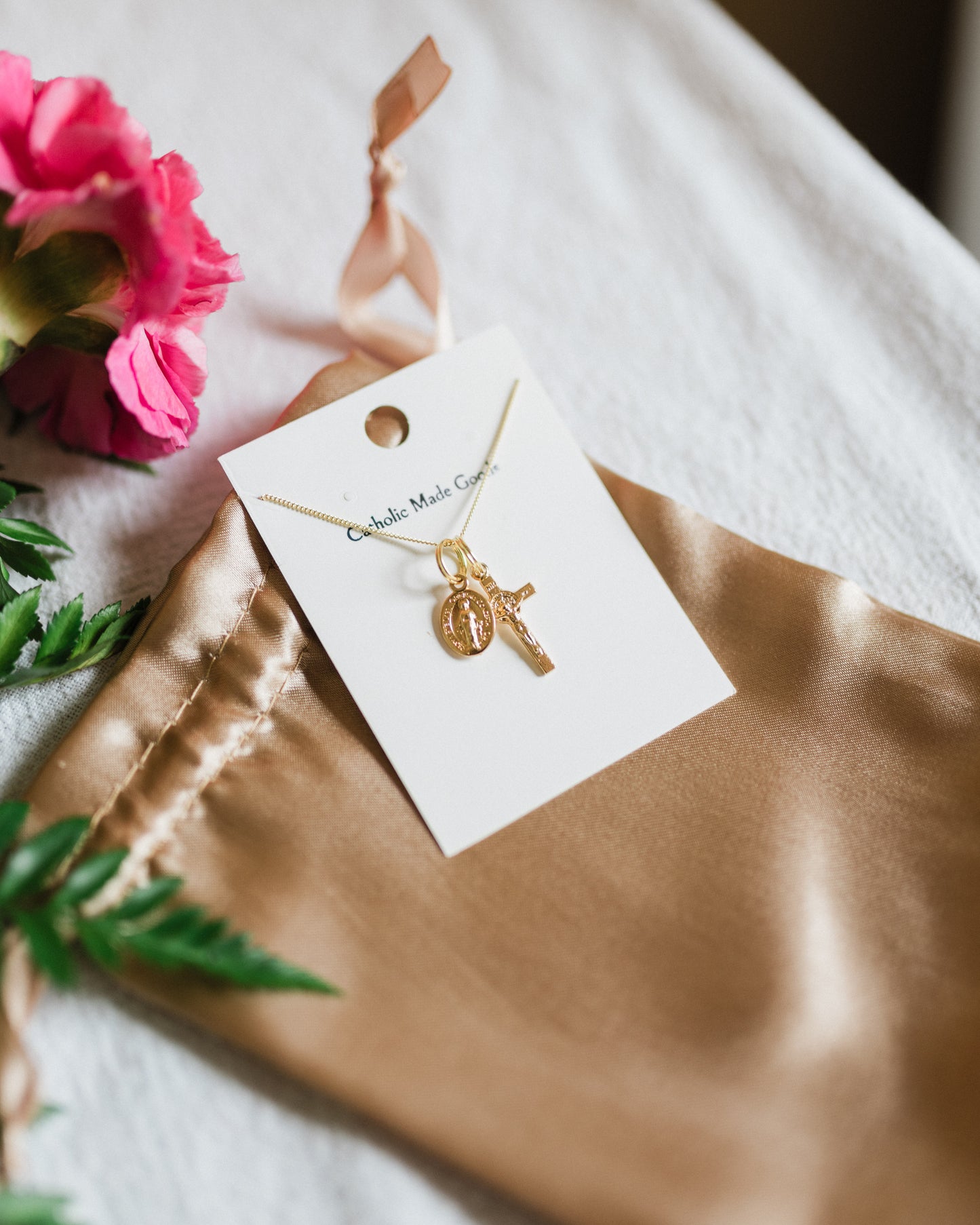 Mini Crucifix & Miraculous Medal Necklace (Gilt)