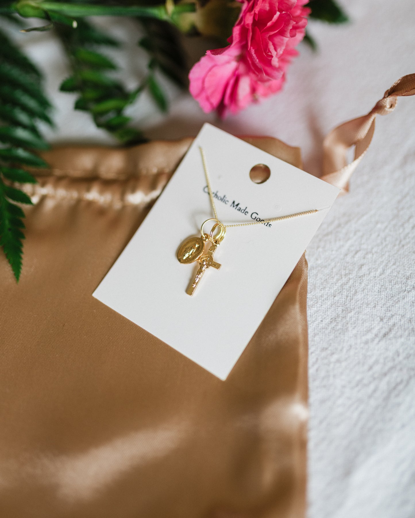 Mini Crucifix & Miraculous Medal Necklace (Gilt)