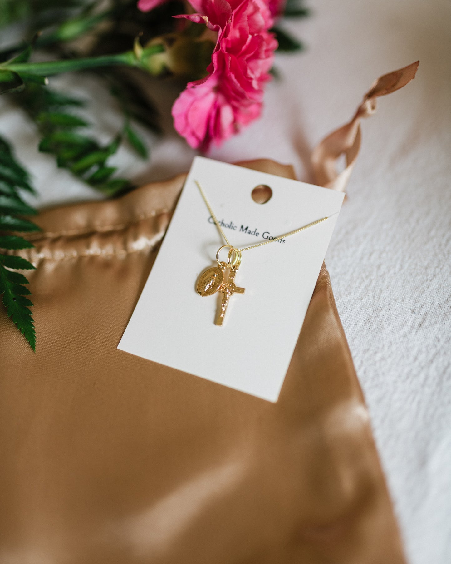 Mini Crucifix & Miraculous Medal Necklace (Gilt)
