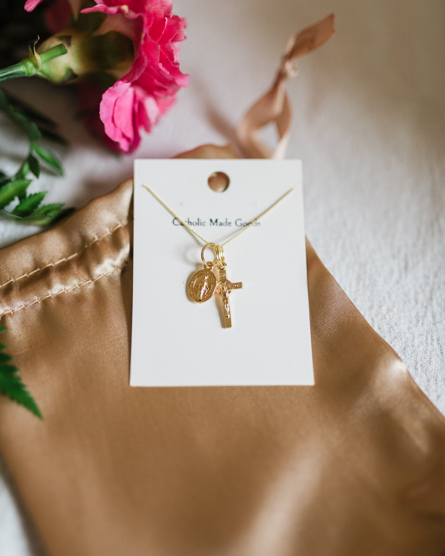 Mini Crucifix & Miraculous Medal Necklace (Gilt)