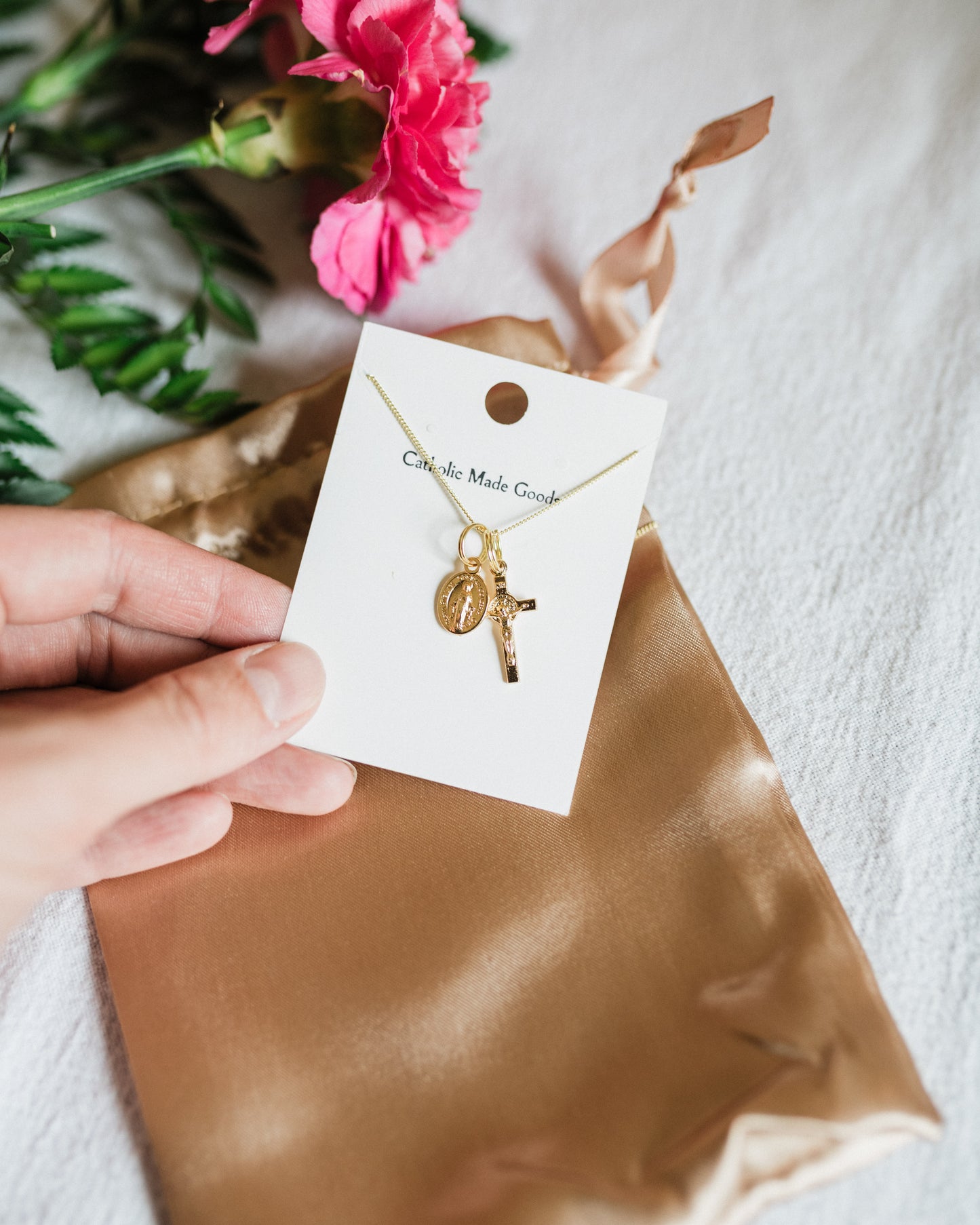 Mini Crucifix & Miraculous Medal Necklace (Gilt)