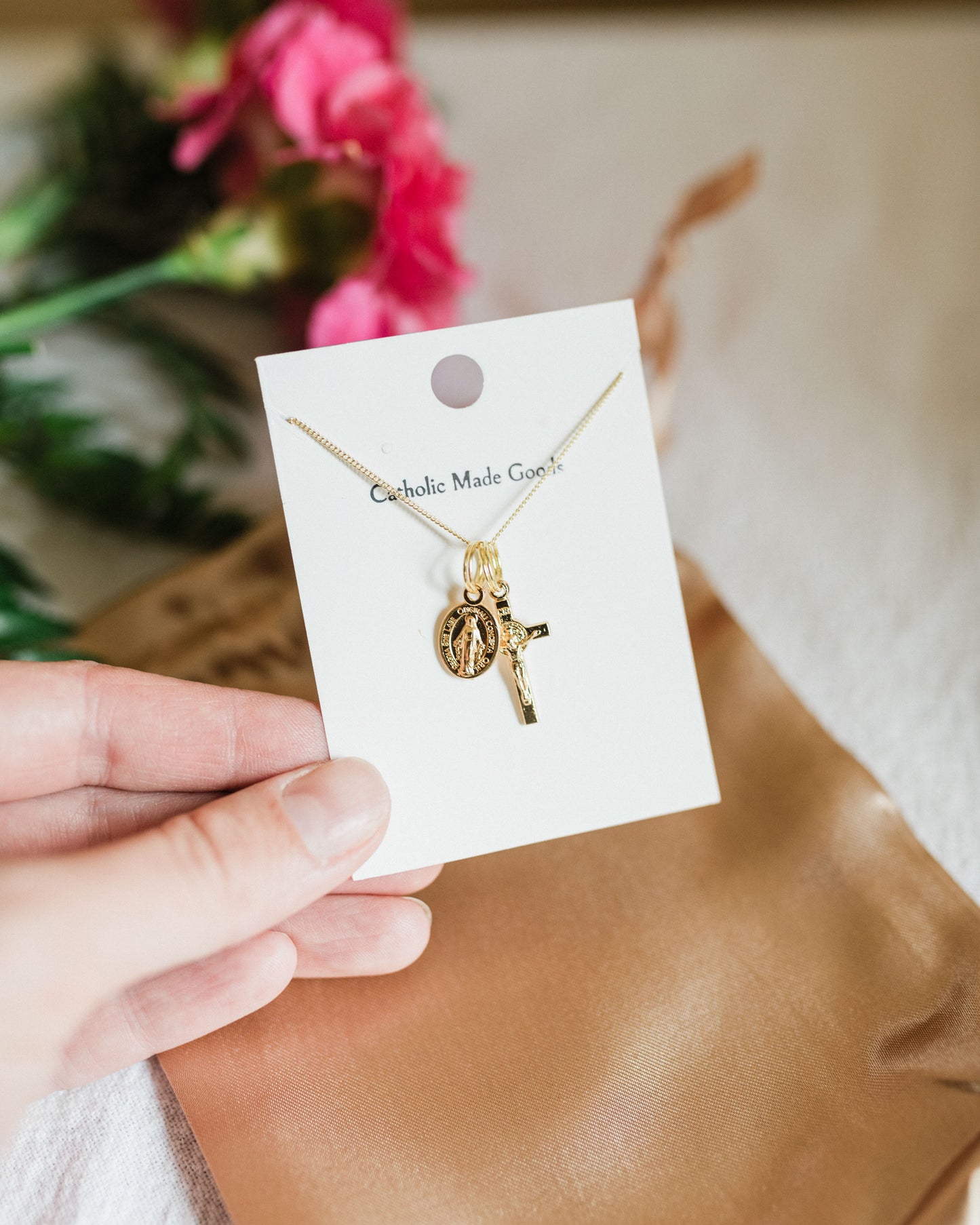 Mini Crucifix & Miraculous Medal Necklace (Gilt)