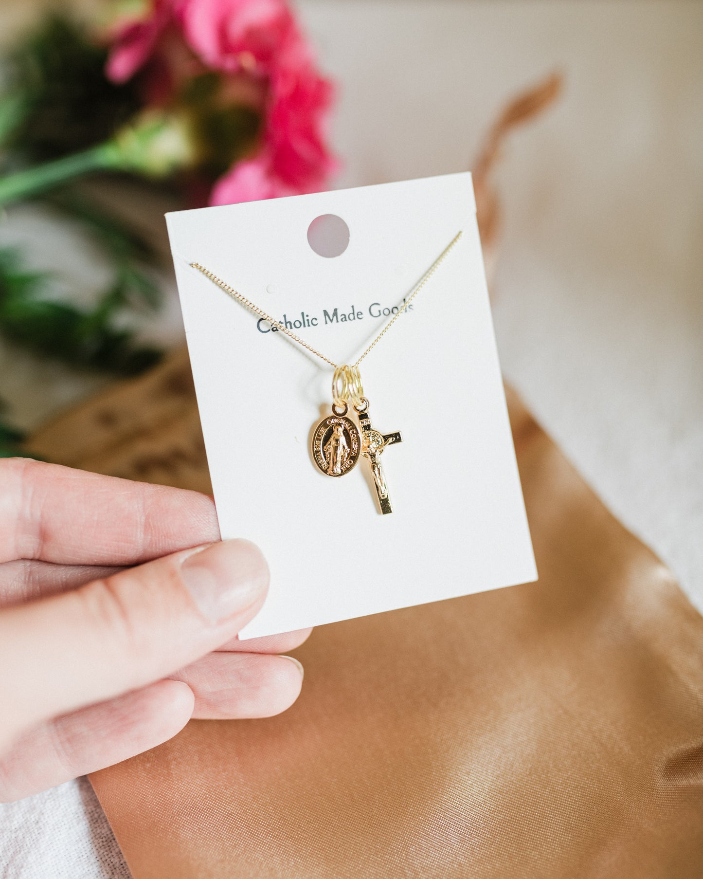 Mini Crucifix & Miraculous Medal Necklace (Gilt)