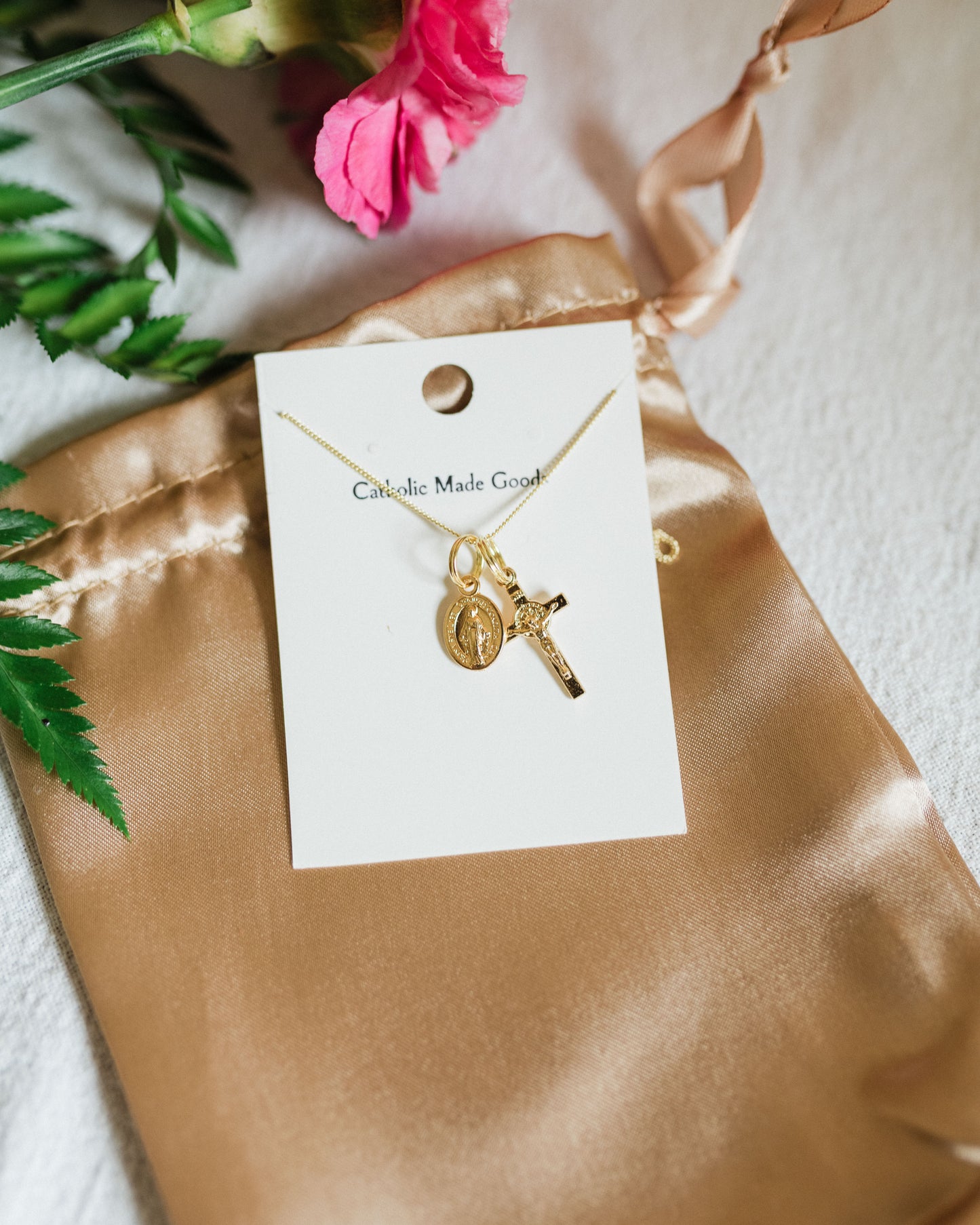 Mini Crucifix & Miraculous Medal Necklace (Gilt)