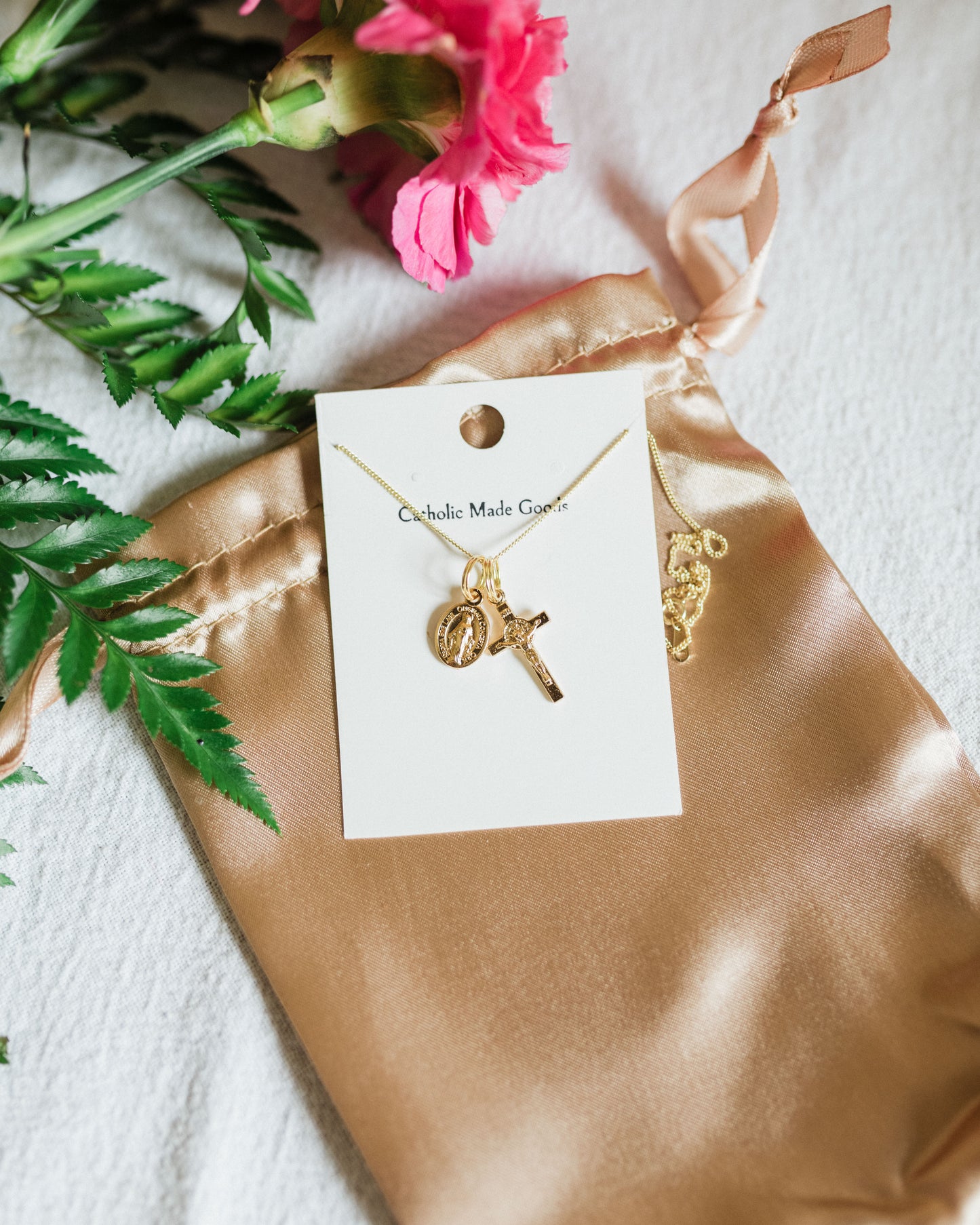 Mini Crucifix & Miraculous Medal Necklace (Gilt)