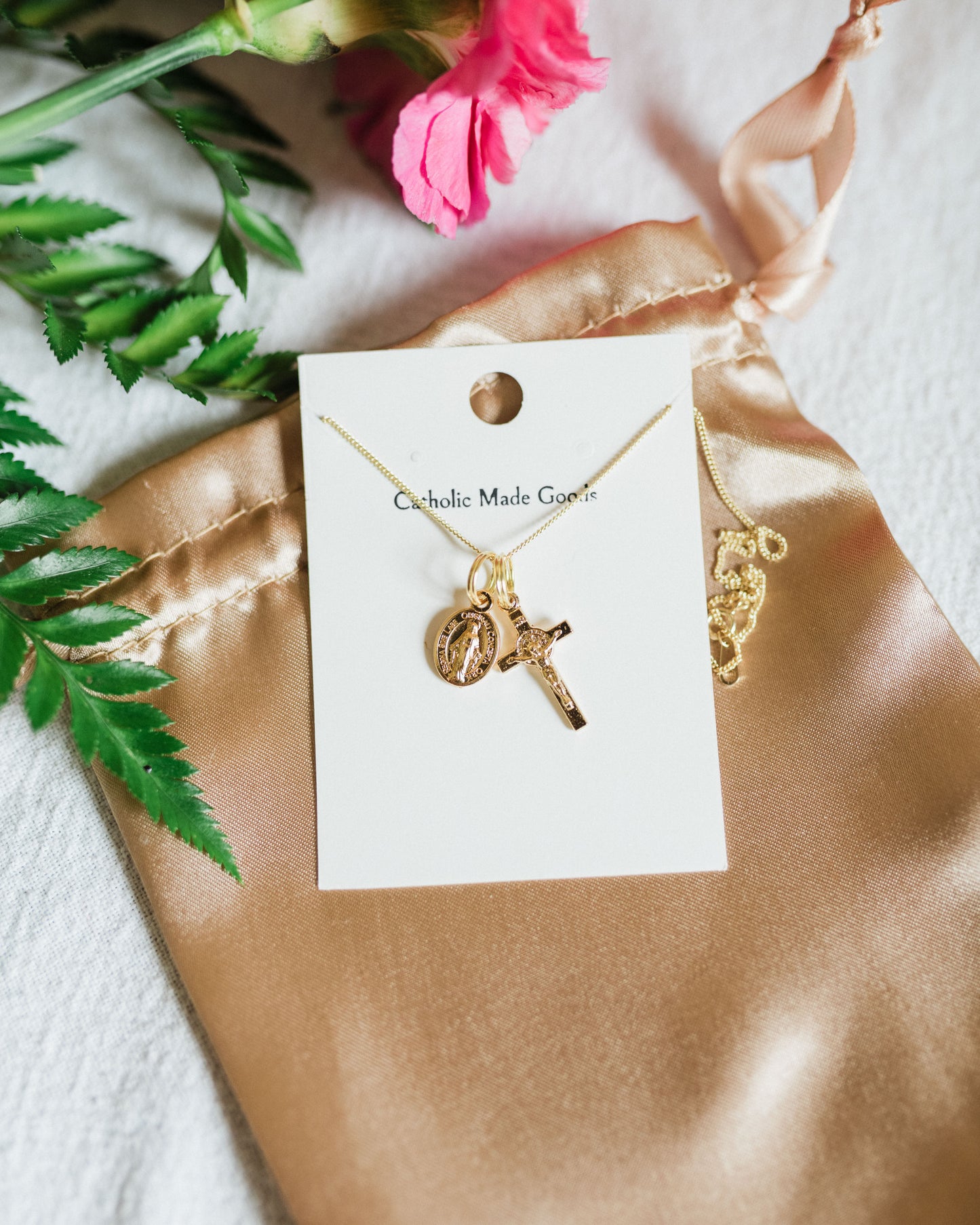Mini Crucifix & Miraculous Medal Necklace (Gilt)