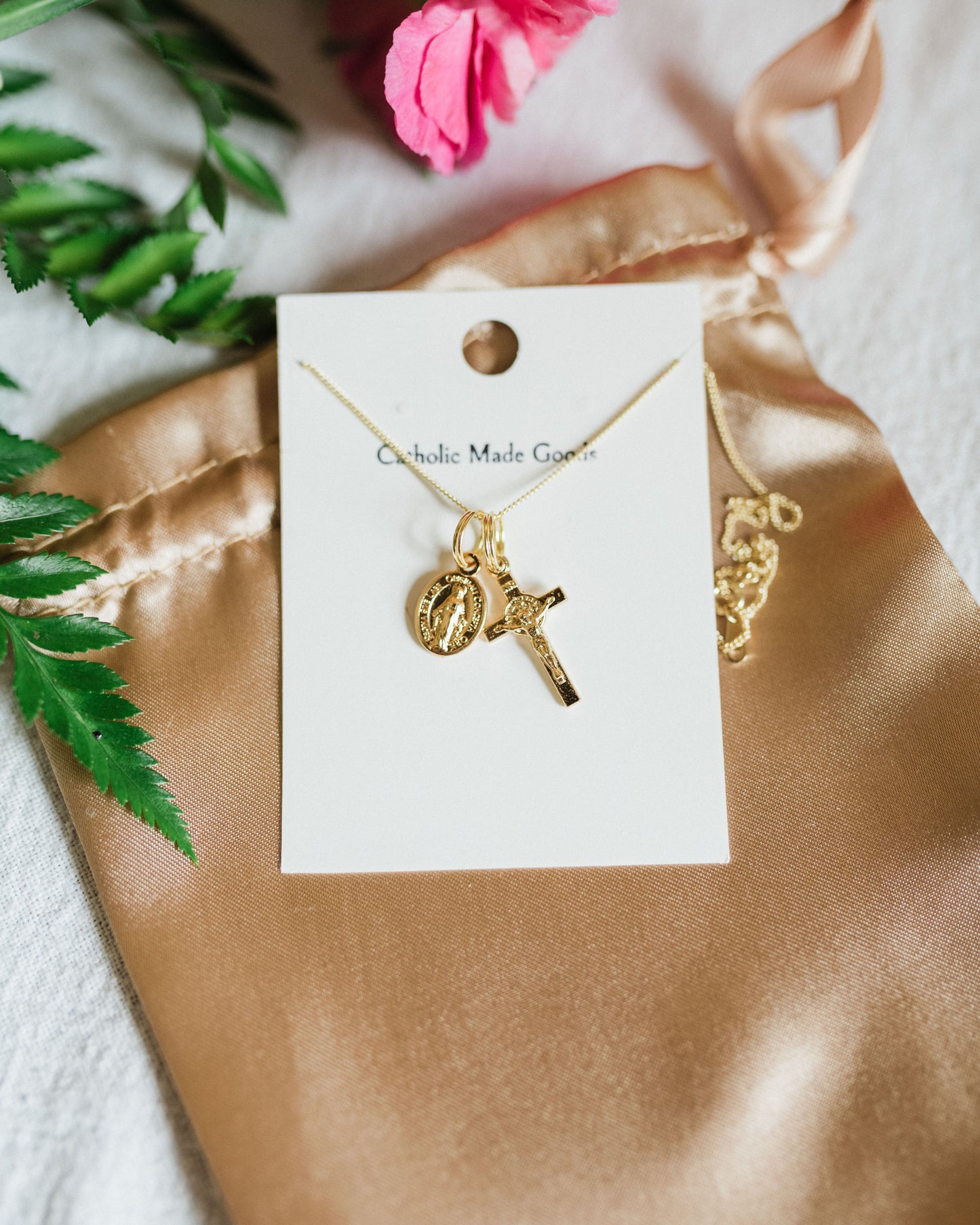 Mini Crucifix & Miraculous Medal Necklace (Gilt)