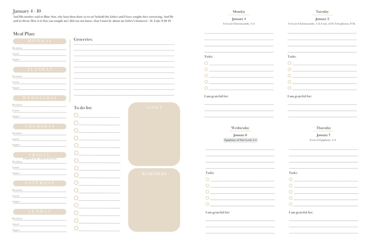 January 4–10, 2027 weekly planning, meal plan and liturgical schedule