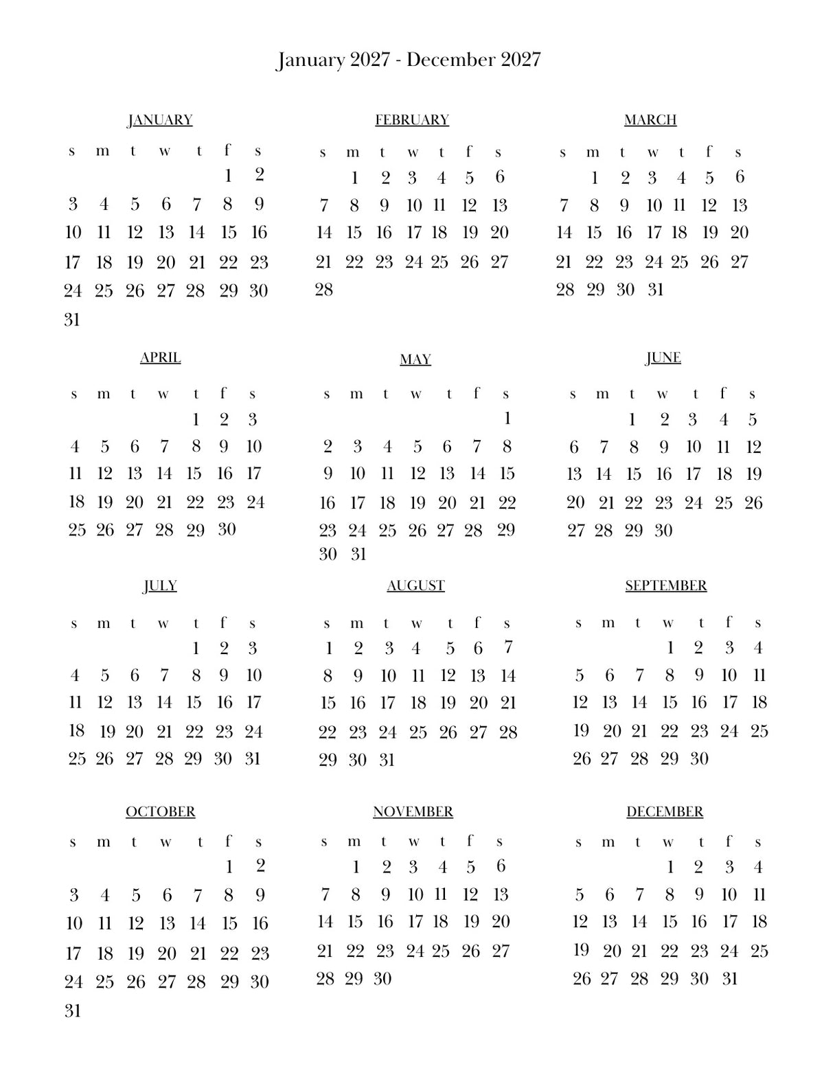 January to December 2027 year at a glance
